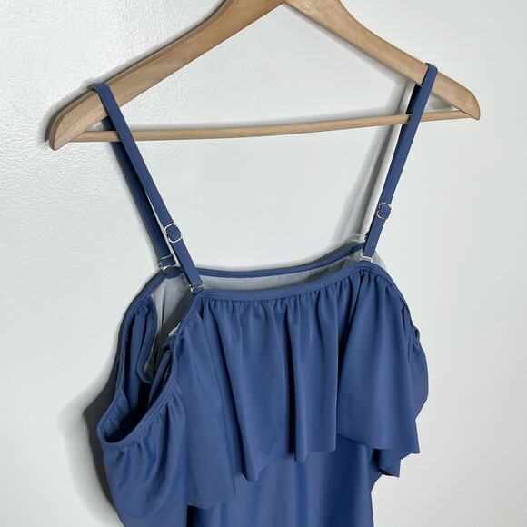 Pink Blush Womens One Piece Swimsuit 1X Blue Ruffle Trim Ruched Maternity - Picture 11 of 13